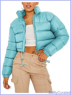 Women Cropped Puffer Jacket Zip Up Warm Bubble Coat